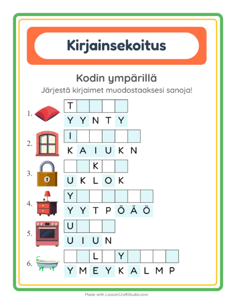 Esikatselu: Kirjainsekoitus-tehtäväarkki, aiheena Kodin ympärillä, 1. luokka