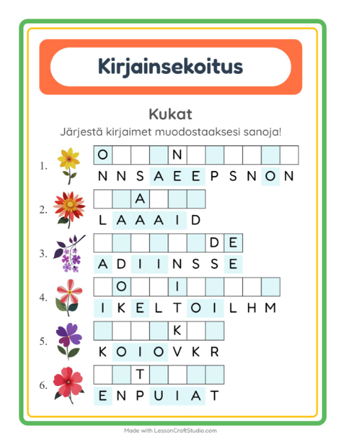 Esikatselu: Kirjainsekoitus-tehtäväarkki, aiheena Kukat, 1. luokka