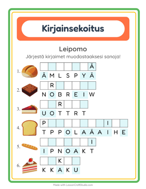Esikatselu: Kirjainsekoitus-tehtäväarkki, aiheena Leipomo, 1. luokka