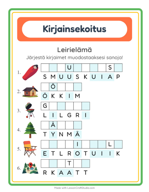 Esikatselu: Kirjainsekoitus-tehtäväarkki, aiheena Leirielämä, 1. luokka