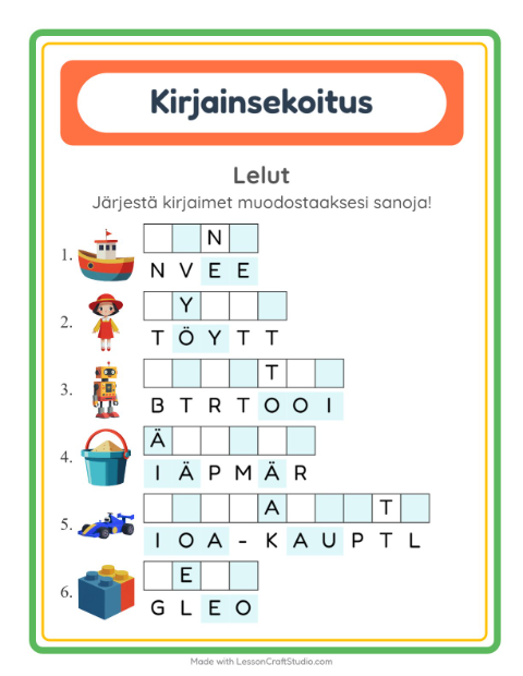 Esikatselu: Kirjainsekoitus-tehtäväarkki, aiheena Lelut, 1. luokka