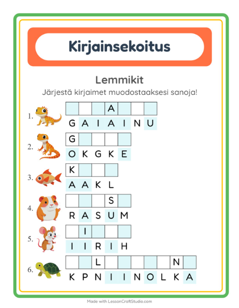 Esikatselu: Kirjainsekoitus-tehtäväarkki, aiheena Lemmikit, 1. luokka