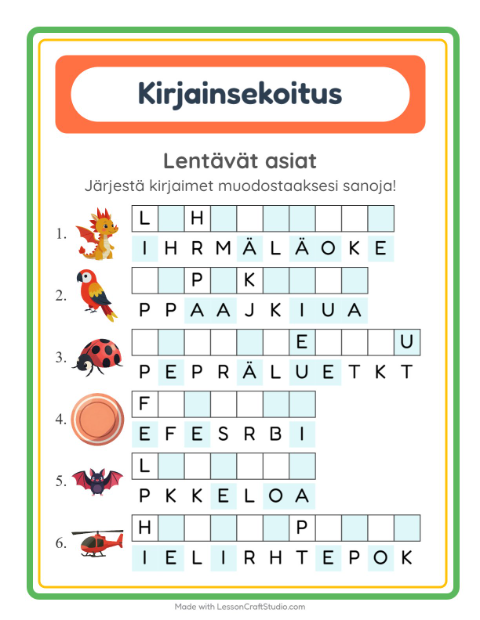 Esikatselu: Kirjainsekoitus-tehtäväarkki, aiheena Lentävät asiat, 1. luokka