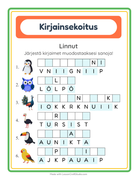 Esikatselu: Kirjainsekoitus-tehtäväarkki, aiheena Linnut, 1. luokka