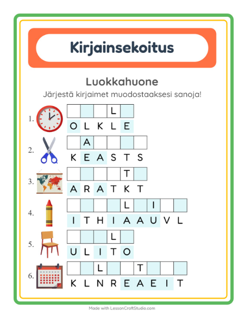 Esikatselu: Kirjainsekoitus-tehtäväarkki, aiheena Luokkahuone, 1. luokka