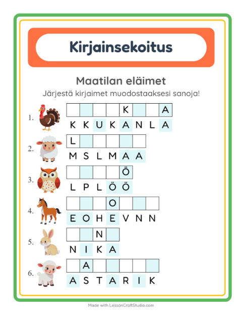 Esikatselu: Kirjainsekoitus-tehtäväarkki, aiheena Maatilan eläimet, 1. luokka