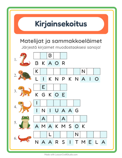 Esikatselu: Kirjainsekoitus-tehtäväarkki, aiheena Matelijat ja sammakkoeläimet, 1. luokka