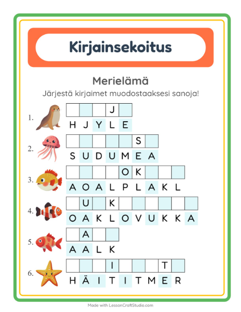 Esikatselu: Kirjainsekoitus-tehtäväarkki, aiheena Merielämä, 1. luokka