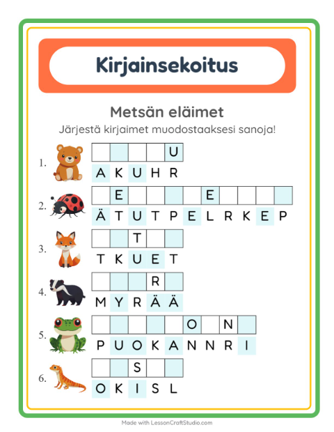 Esikatselu: Kirjainsekoitus-tehtäväarkki, aiheena Metsän eläimet, 1. luokka