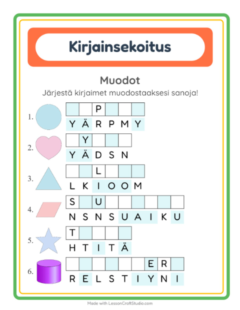 Esikatselu: Kirjainsekoitus-tehtäväarkki, aiheena Muodot, 1. luokka