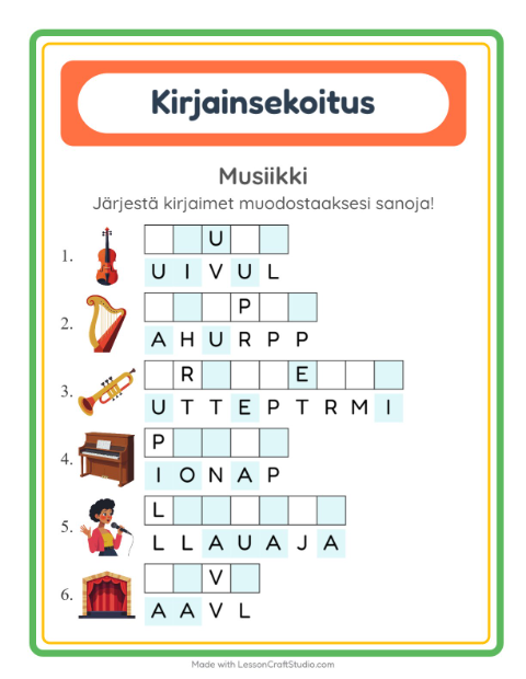 Esikatselu: Kirjainsekoitus-tehtäväarkki, aiheena Musiikki, 1. luokka