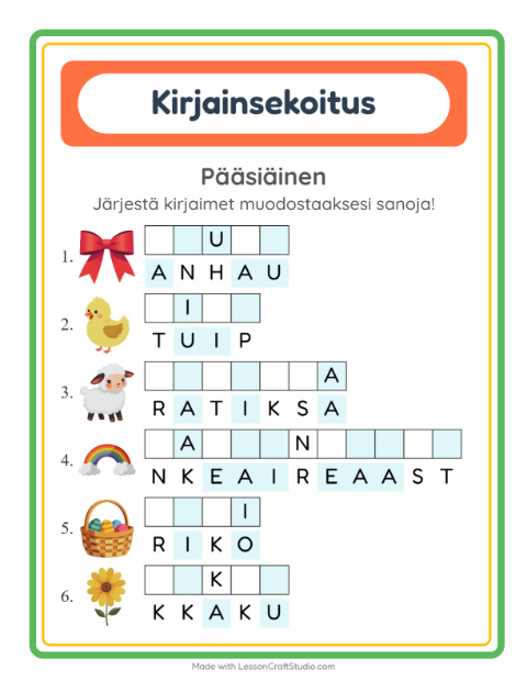 Esikatselu: Kirjainsekoitus-tehtäväarkki, aiheena Pääsiäinen, 1. luokka