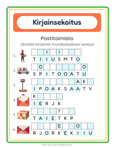 Esikatselu: Kirjainsekoitus-tehtäväarkki, aiheena Postitoimisto, 1. luokka