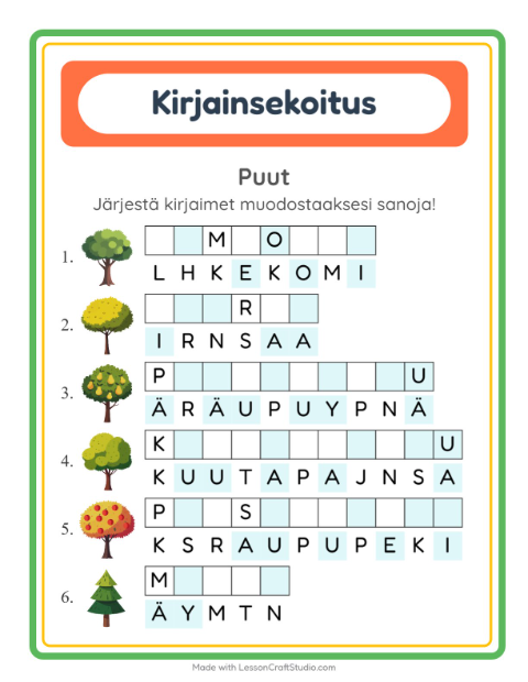 Esikatselu: Kirjainsekoitus-tehtäväarkki, aiheena Puut, 1. luokka