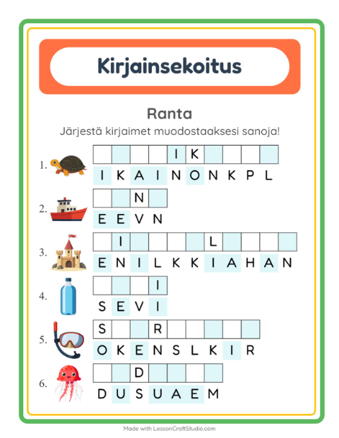 Esikatselu: Kirjainsekoitus-tehtäväarkki, aiheena Ranta, 1. luokka