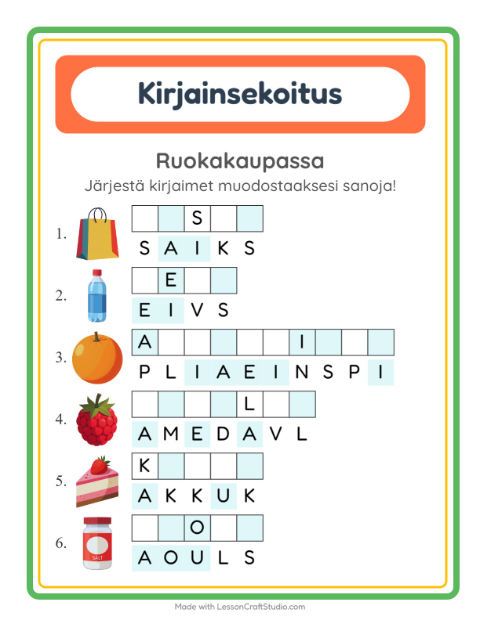 Esikatselu: Kirjainsekoitus-tehtäväarkki, aiheena Ruokakaupassa, 1. luokka