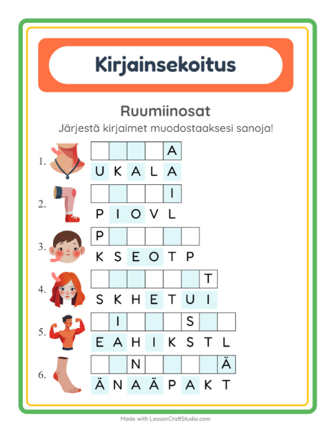 Esikatselu: Kirjainsekoitus-tehtäväarkki, aiheena Ruumiinosat, 1. luokka