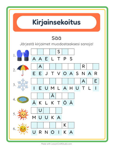 Esikatselu: Kirjainsekoitus-tehtäväarkki, aiheena Sää, 1. luokka