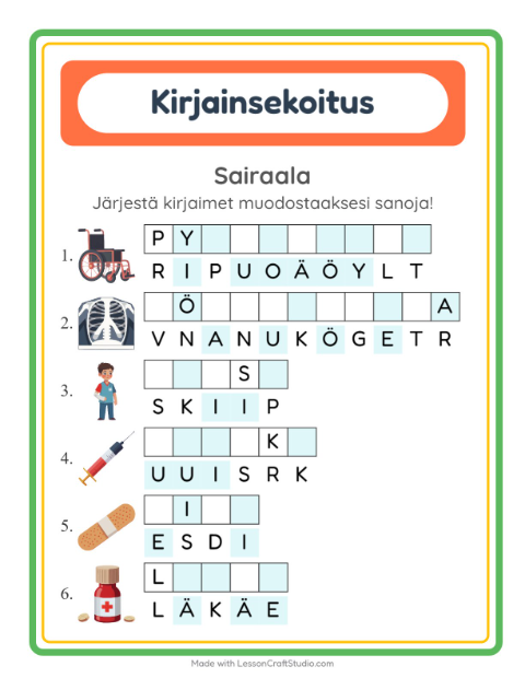 Esikatselu: Kirjainsekoitus-tehtäväarkki, aiheena Sairaala, 1. luokka