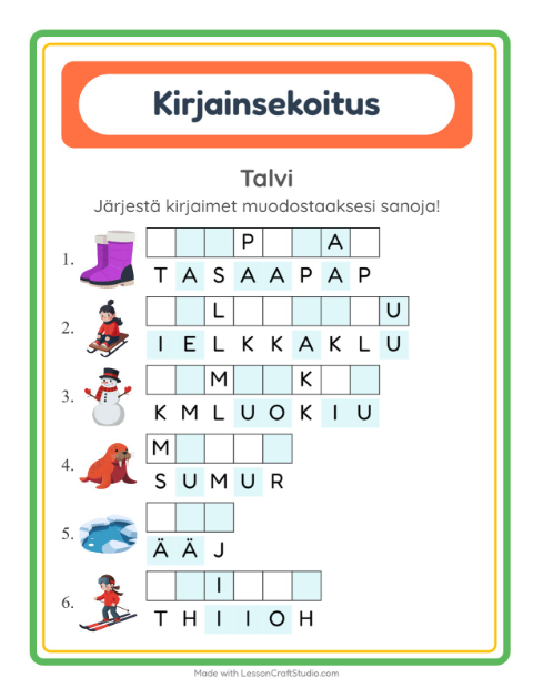 Esikatselu: Kirjainsekoitus-tehtäväarkki, aiheena Talvi, 1. luokka