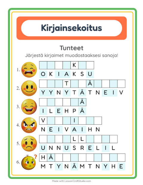 Esikatselu: Kirjainsekoitus-tehtäväarkki, aiheena Tunteet, 1. luokka