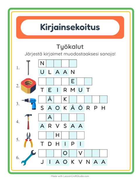 Esikatselu: Kirjainsekoitus-tehtäväarkki, aiheena Työkalut, 1. luokka
