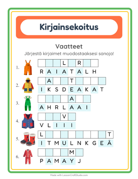 Esikatselu: Kirjainsekoitus-tehtäväarkki, aiheena Vaatteet, 1. luokka