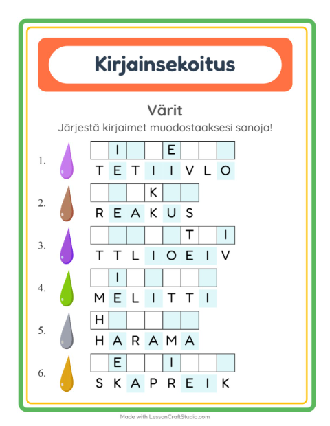 Esikatselu: Kirjainsekoitus-tehtäväarkki, aiheena Värit, 1. luokka