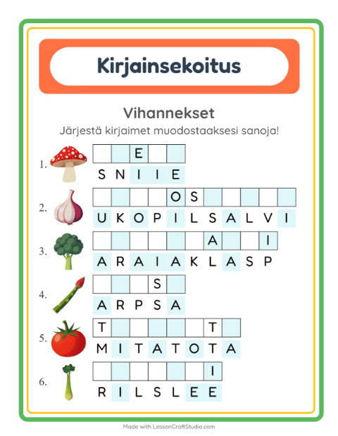 Esikatselu: Kirjainsekoitus-tehtäväarkki, aiheena Vihannekset, 1. luokka