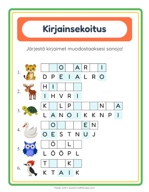 Esikatselu: Kirjainsekoitus-tehtäväarkki, 1. luokka