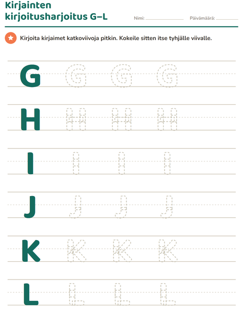 Kirjainten kirjoitusharjoitus G–L