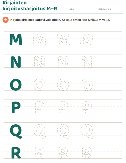 Esikatselu: Kirjainten kirjoitusharjoitus M–R