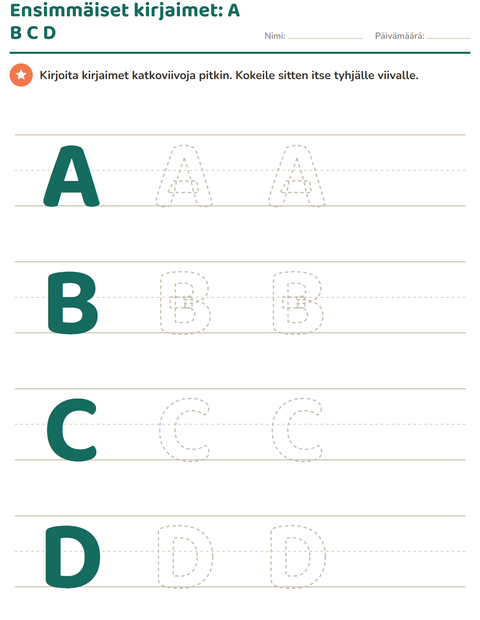 Ensimmäiset kirjaimet A, B, C ja D