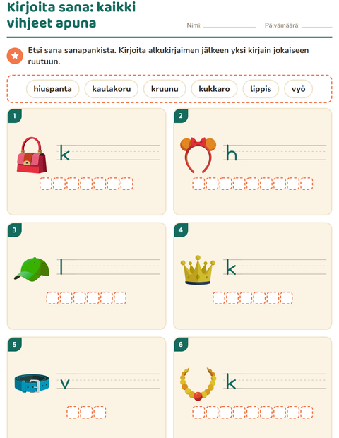 Esikatselu: Kirjoita kuvan sana-tehtäväarkki, aiheena Asusteet, 1. luokka