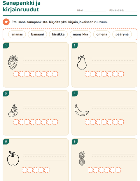 Esikatselu: Kirjoita kuvan sana-tehtäväarkki, aiheena Hedelmät MV, 1. luokka