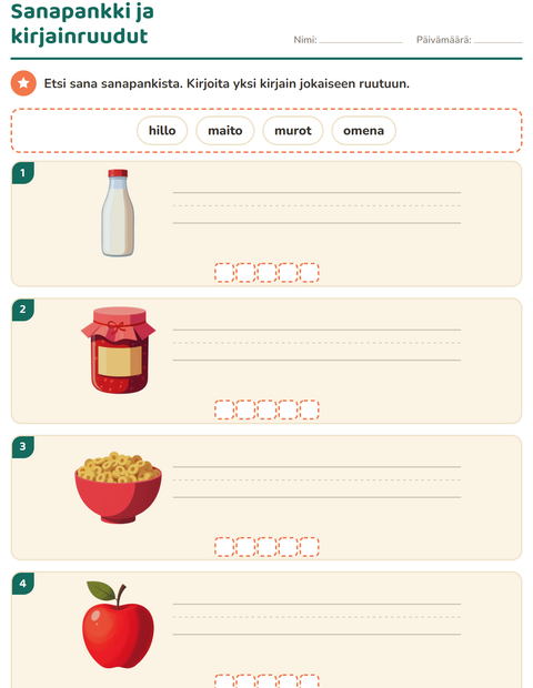 Esikatselu: Kirjoita kuvan sana-tehtäväarkki, aiheena Aamiainen, 1. luokka