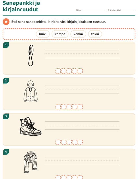 Esikatselu: Kirjoita kuvan sana-tehtäväarkki, aiheena Esineet MV, 1. luokka