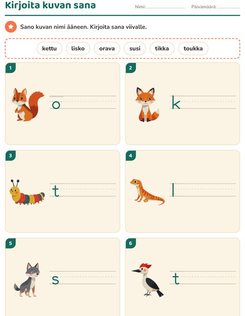 Esikatselu: Kirjoita kuvan sana-tehtäväarkki, aiheena Metsän eläimet, 1. luokka