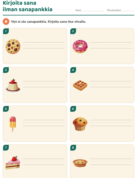 Esikatselu: Kirjoita kuvan sana-tehtäväarkki, aiheena Jälkiruoat ja makeiset, 1. luokka