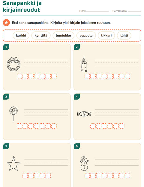 Esikatselu: Kirjoita kuvan sana-tehtäväarkki, aiheena Joulu M/V, 1. luokka