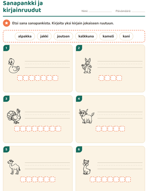 Esikatselu: Kirjoita kuvan sana-tehtäväarkki, aiheena Maatilan eläimet MV, 1. luokka