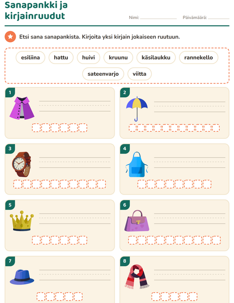 Esikatselu: Kirjoita kuvan sana-tehtäväarkki, aiheena Asusteet, 1. luokka