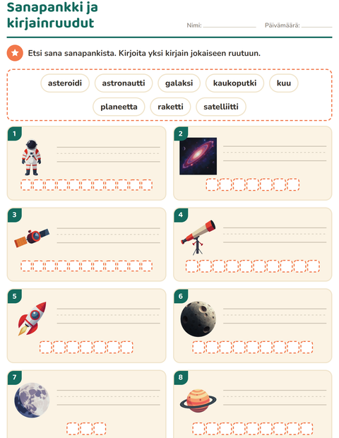 Esikatselu: Kirjoita kuvan sana-tehtäväarkki, aiheena Avaruus, 1. luokka