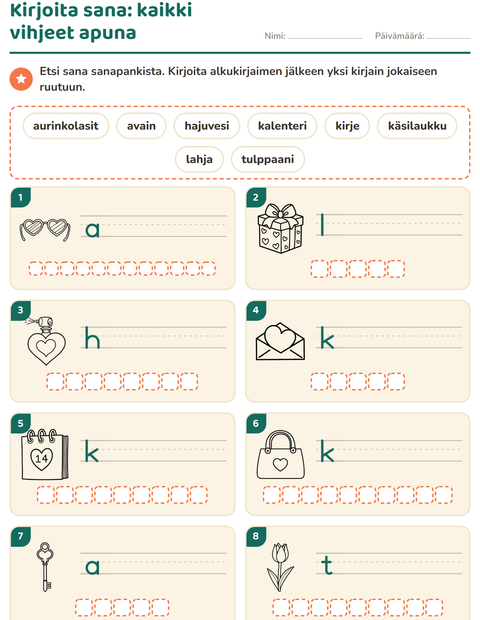 Esikatselu: Kirjoita kuvan sana-tehtäväarkki, aiheena Ystävänpäivä MV 2, 1. luokka
