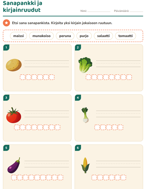 Esikatselu: Kirjoita kuvan sana-tehtäväarkki, aiheena Vihannekset, 1. luokka