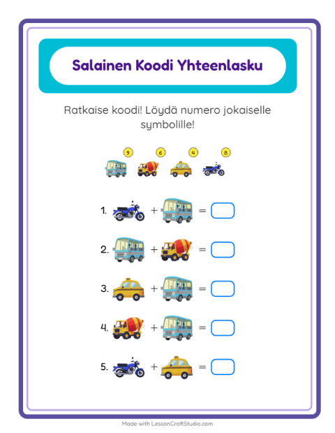 Esikatselu: Koodattu Yhteenlasku-tehtäväarkki, aiheena Ajoneuvot, Esiopetus