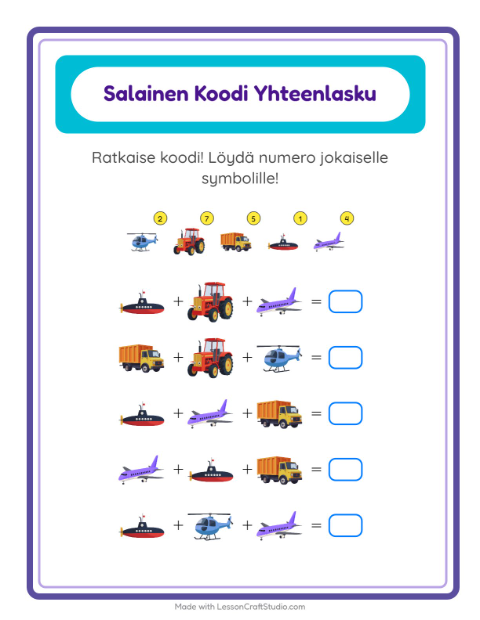 Koodattu yhteenlasku: Ajoneuvot – 1. luokan oppilaille — 2