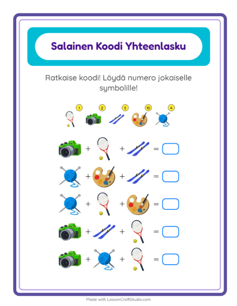 Koodattu yhteenlasku: Aktiviteetit – 1. luokan oppilaille — 2
