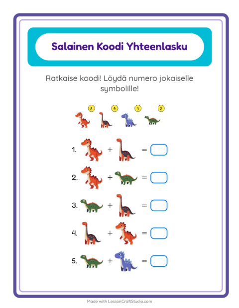 Esikatselu: Koodattu Yhteenlasku-tehtäväarkki, aiheena Dinosaurukset, Esiopetus