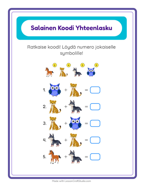 Koodattu yhteenlasku – Eläimet